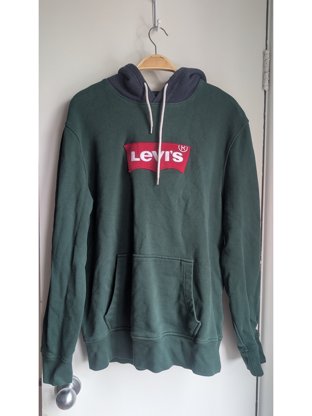 Levi's Dark Green Hoodie with Red Logo and Navy Hood